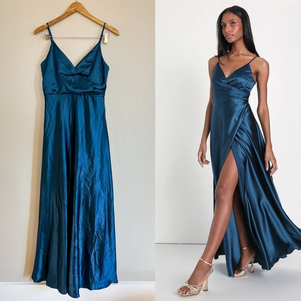 Lulus Shades of Love Teal Blue Satin Faux-Wrap Maxi Dress